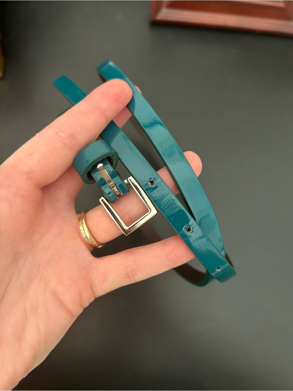 Slim Teal Patent Leather Women's Belt with Silver Buckle